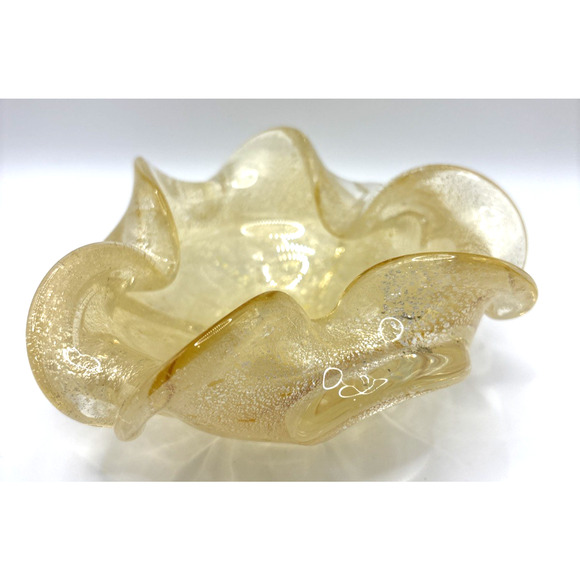 Vintage Murano Glass Ashtray Bowl Clear Gold Aventurine Flecks Hand Blown Italy - Picture 3 of 5